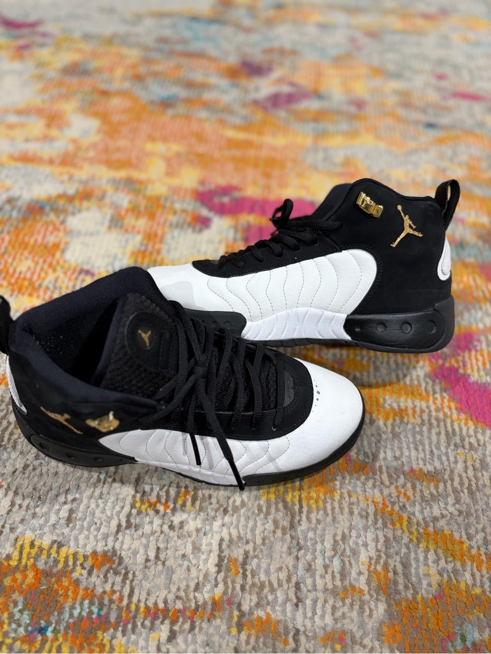 Jordan Kids Black/White Sneakers with Gold Jumpman Accents